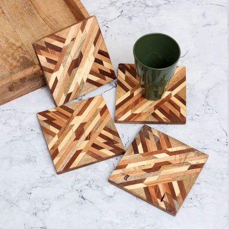 Square Shaped Modern Wooden Coasters for Decor - Pack of 4